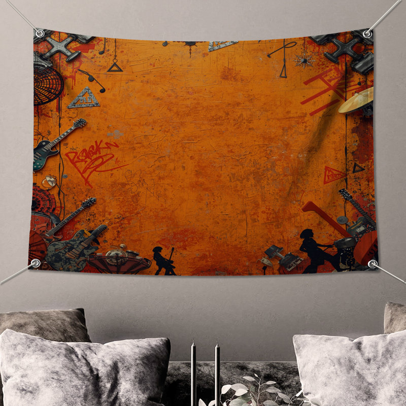 Tapisserie murale orange avec musique grunge, H 68 po x l 80 po avec 4 œillets