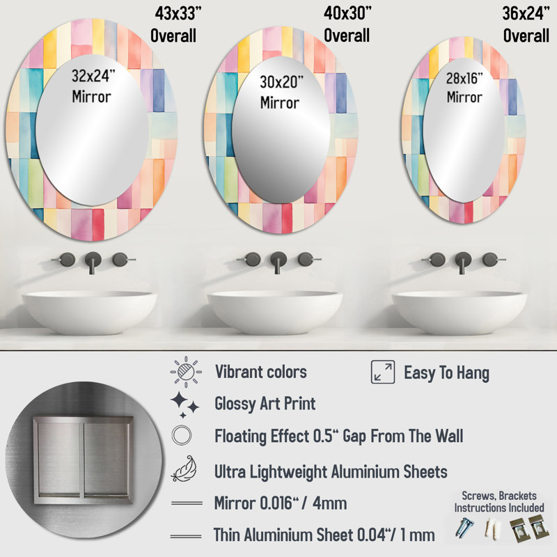 Mid-Century de couleur pastel cubes I - Grand miroir mural ovale sur métal, H 36 po x l 24 po