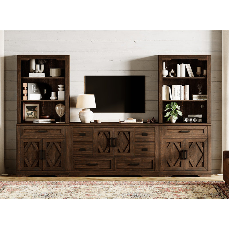Laziza Stunning Farmhouse TV Stand - Distressed 6-Drawer Media Console & Elegant Dual Barn Door Bookshelves With 5 Spacious Storage Tiers For 60" Tvs