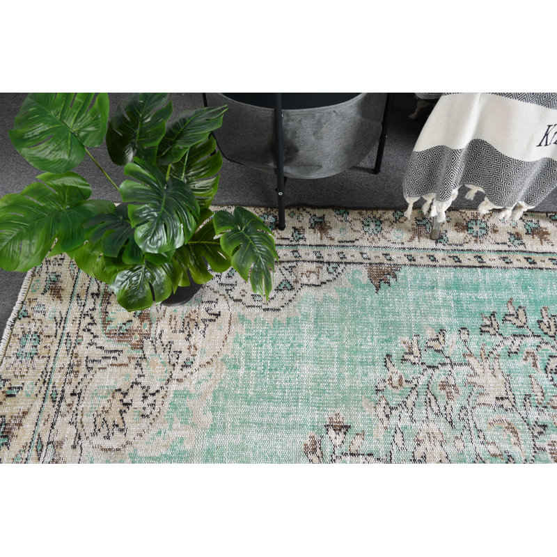 Grand tapis Oushak turc rétro - tapis vert antique d'Anatolie idéal pour les chambres à coucher brun / vert