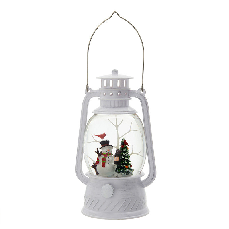 Christmas Plastic/Resin White Lantern With Snowman & Tree Led/Water Spinning/6 Hours Timer, 3*Aa Batteries Required