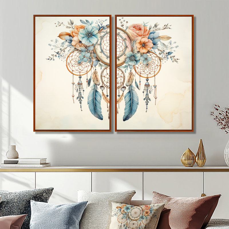Ensemble de 2 décorations murales traditionnelles beige Torei, 36" H x 48" W, Impression encadrée flottante, Brown