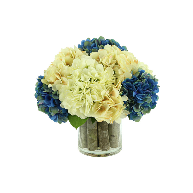 Assorted Hydrangeas Arranged in Glass Vase with Birch Sticks, Blue/Cream