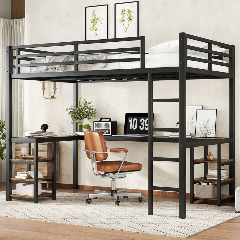 Lit mezzanine moderne en métal avec bureau, structure noire peu encombrante pour la maison