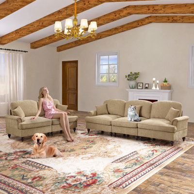 Banisha 107.1"W Chenille 3 seater sofa with 2 Ottomans and Removable Ruffles Pleats Skirts and Spindle Legs