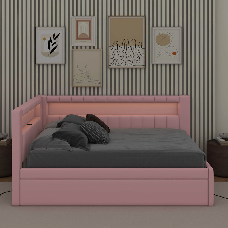 Full Size Platform Bed With USB Ports And Trundle, Pink