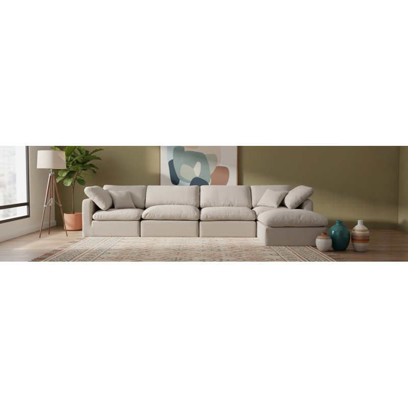 Hinami Upholstered L-Shaped Sectional Reversible, Beige Linen Textured Fabric