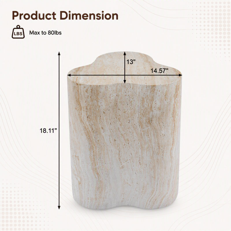 Table d'appoint d'extérieur / d'intérieur Organic Look Travertine MGO, hauteur 18,11 po résistante aux intempéries pour patio, salon et chambre à coucher