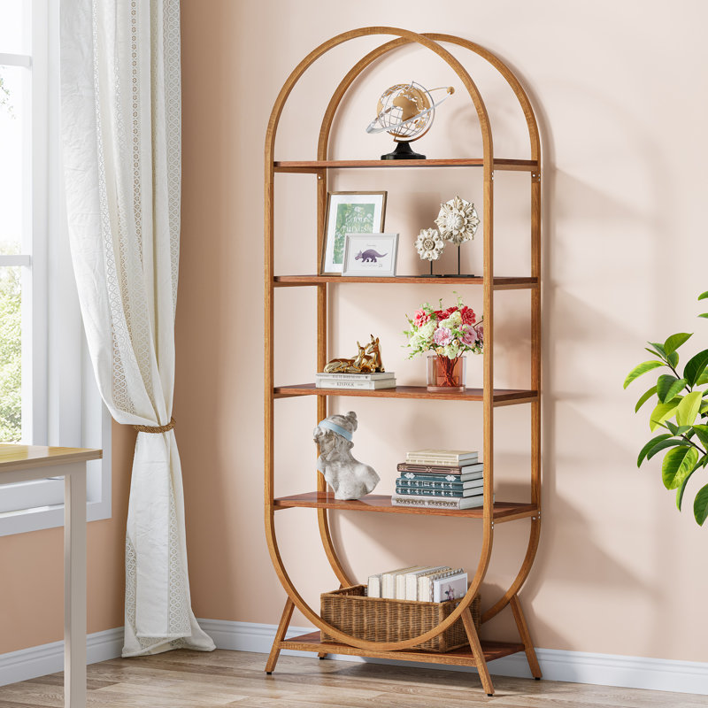 70.8" Tall Arched Bookcase, Modern 5-Tier Open Bookshelf Freestanding Display Rack, Gold