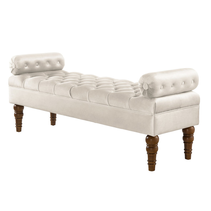 Banc de rangement en velours champagne pour chambre à coucher - Boutons et boutons en bois massif rembourrés, Champagne