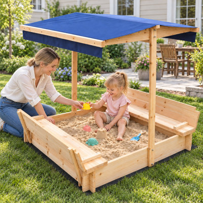 47.2" Kids Sandbox with Canopy and Seats, Solid Wood Outdoor Sand Boat Playset for Backyard, Patio and Garden