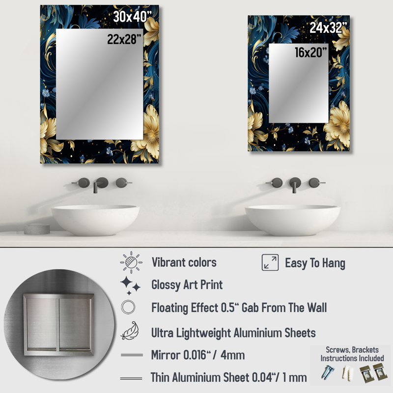 Delane Blue And Yellow Cosmic Damask Whirls - damask  Large Mirror, Damask Unique Wall Mirror Decor, Printed Metal Art