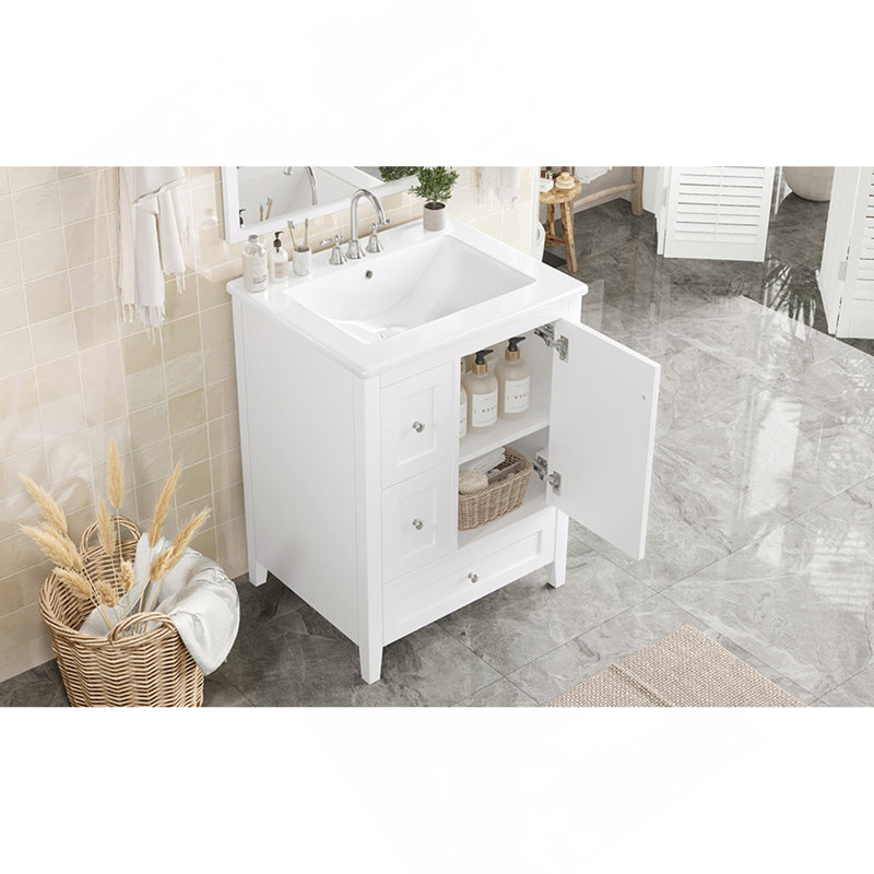 "Meuble-lavabo de 24 pouces avec rangement, tablette réglable, panneau de fibres à densité moyenne et bois d'hévéa, cloisons amovibles, finition blanc brillant"