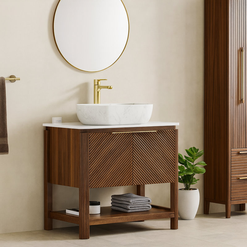 Meuble-lavabo autoportant moderne de 36 po avec lavabo vasque en marbre, dessus en pierre frittée Carrara et portes en bois cannelé, rangement à fermeture en douceur, noyer foncé