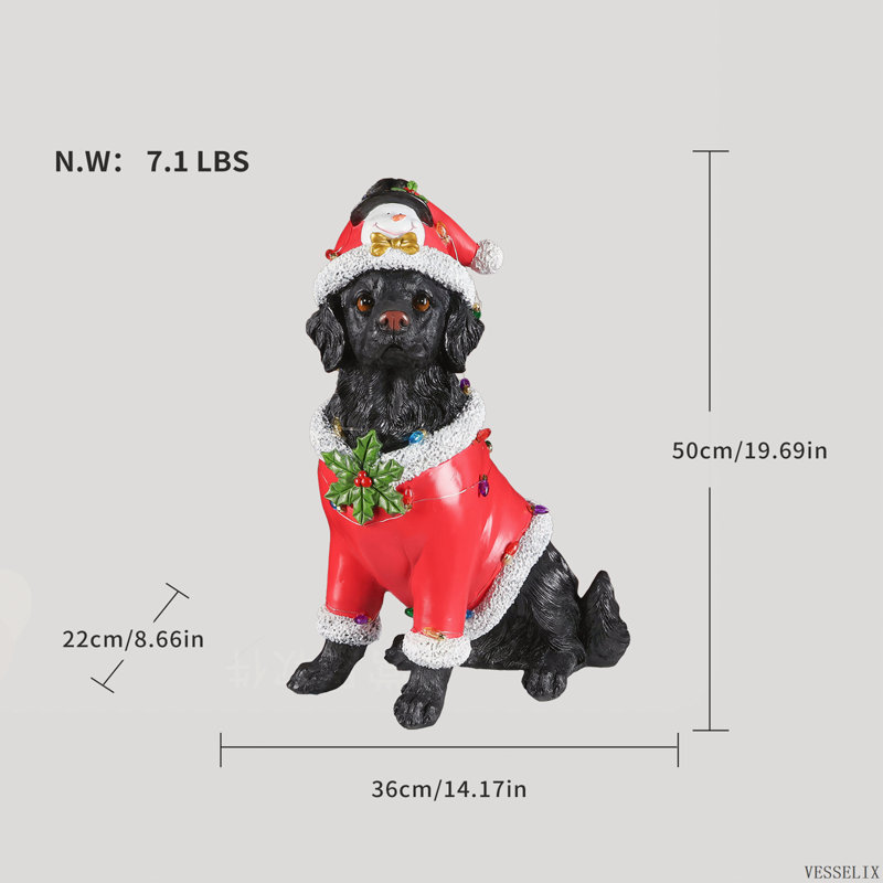 Statue de Noël de chien, figurine de chien de Noël en tenue de père Noël rouge