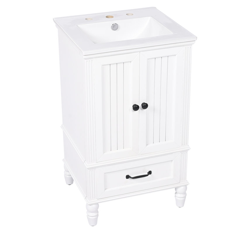 Meuble-lavabo blanc de 20 po avec lavabo, armoire à deux portes, tiroir, butoir de porte magnétique et patins réglables
