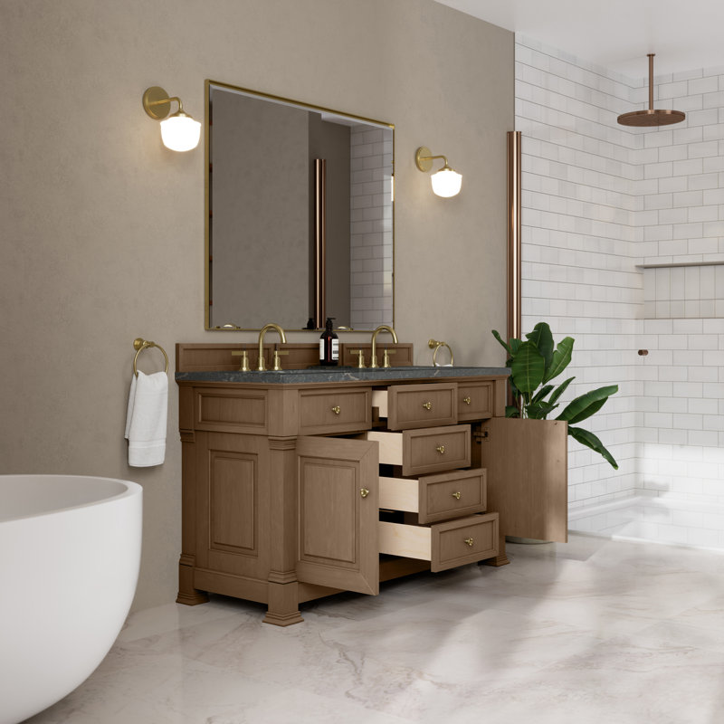 Meuble-lavabo double 60 po avec chargeur sans fil FreePower Brookfield, Bleu Parisien, Pacanier