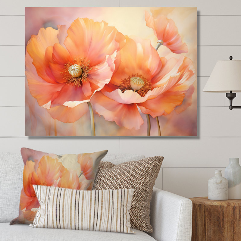 Coral Poppies Romantic Impression VI - Art mural de coquelicots pour le salon, 24" H x 32" W, Toile tendue