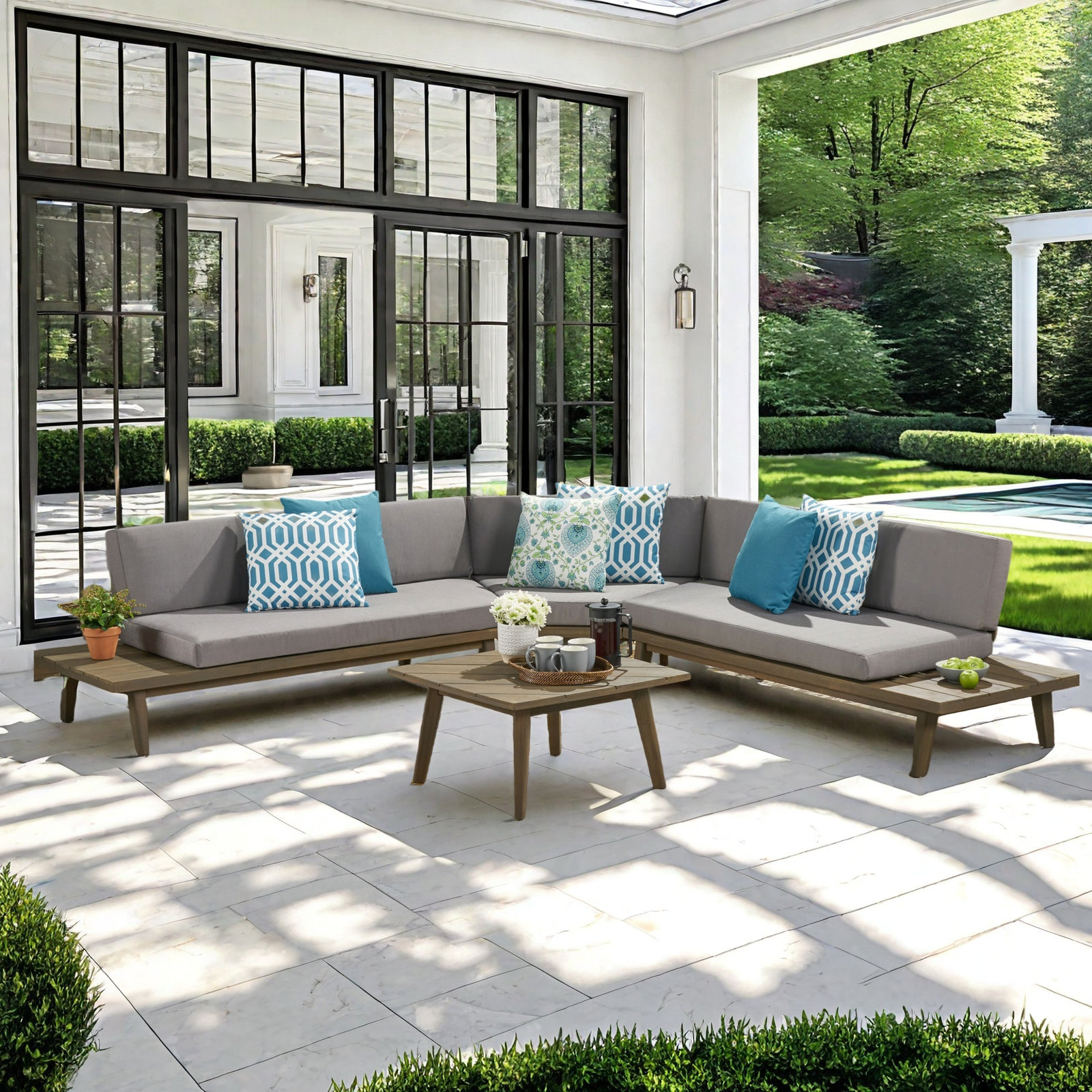 Boaz Acacia 4 - Person Modular Patio Conversation Set with Cushions, Gray Frame/Gray Cushion