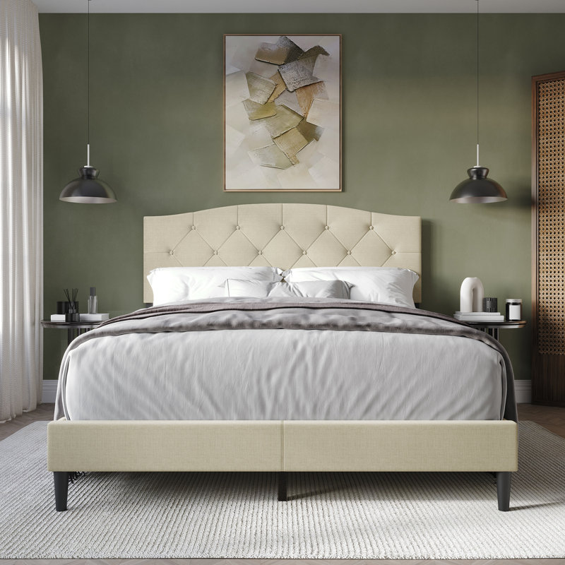 Nahiem Upholstered Platform Bed, Beige, Twin