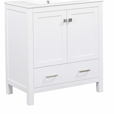 Meuble-lavabo de 30 po avec lavabo simple, installation combinée de lavabo, armoire de rangement de salle de bain avec 2 portes et 1 tiroir, fermeture en douceur, rangement multifonctionnel, structure en bois massif