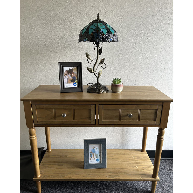 Lampe de table Rvier Tiffany avec ampoule à DEL en verre coloré vert l 10 po x P 10 po x H 20 po, Vert / Brun