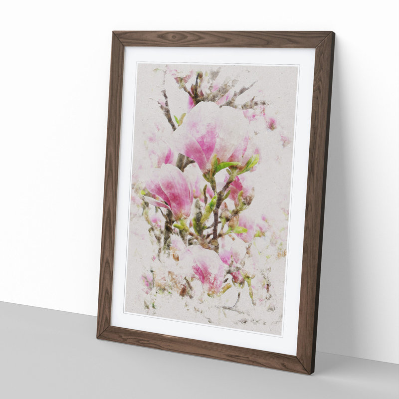 Pink Magnolia Blossom Flowers - Framed Print, 48cm H x 36cm W x 2cm D, Walnut Framed