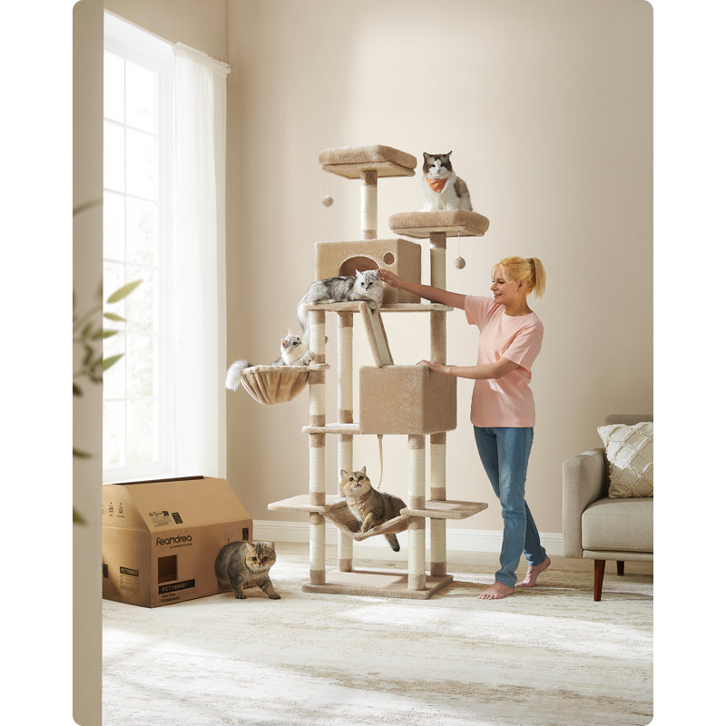 206cm H Cat Tree, 206cm H X 50cm W X 60cm D, Camel Brown