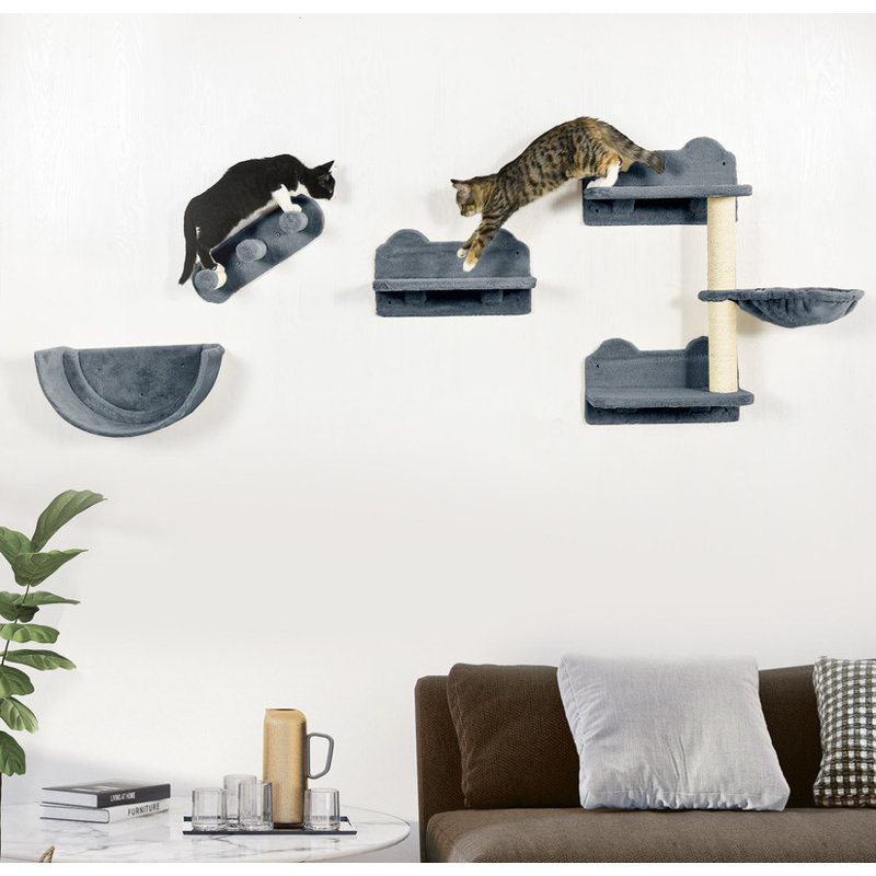 Ensemble de tablettes murales pour chat 4 pièces - Meubles muraux pour chat avec hamac, 3 marches, perchoirs et grattoir | Tablette grise grise pour dormir, jouer et faire de l'exercice