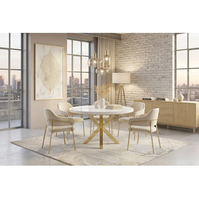 Pangea Home Round Remi Wood & Metal Dining Table – Modern Table - 6-Seater for Kitchen & Dining Room - White Table with Gold Legs