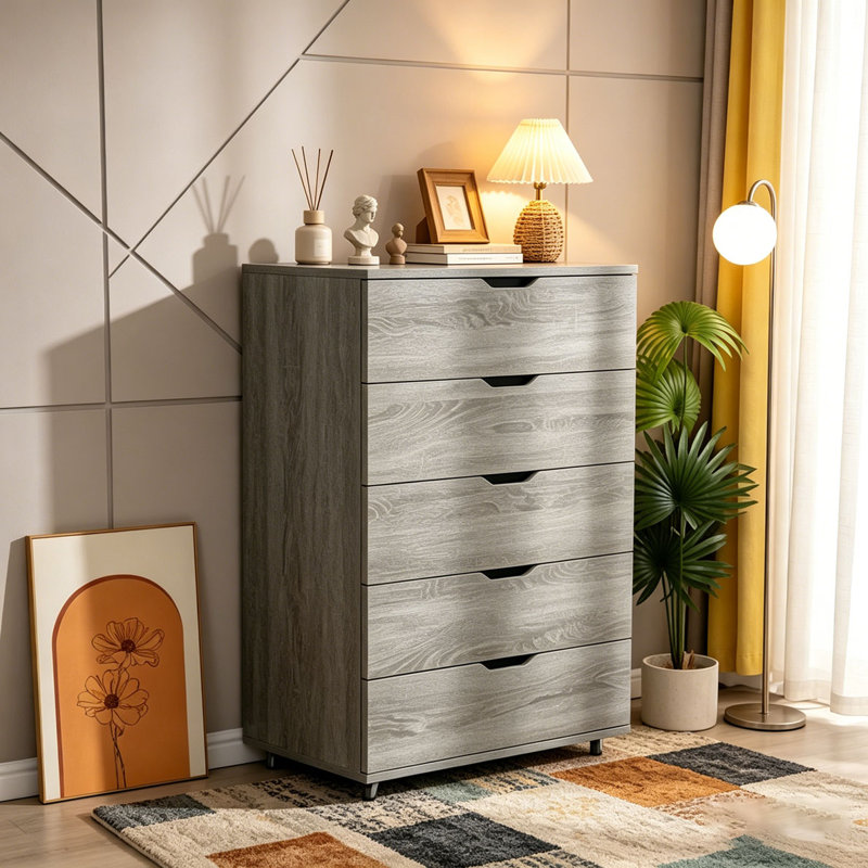 Commode mobile à 5 tiroirs avec roulettes, Gris