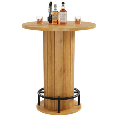 Round Bar Table with Metal Footrest Ring, Tall Wood Bistro Pub Table, Compact Cocktail Table for Home Bar & Kitchen, Table Only