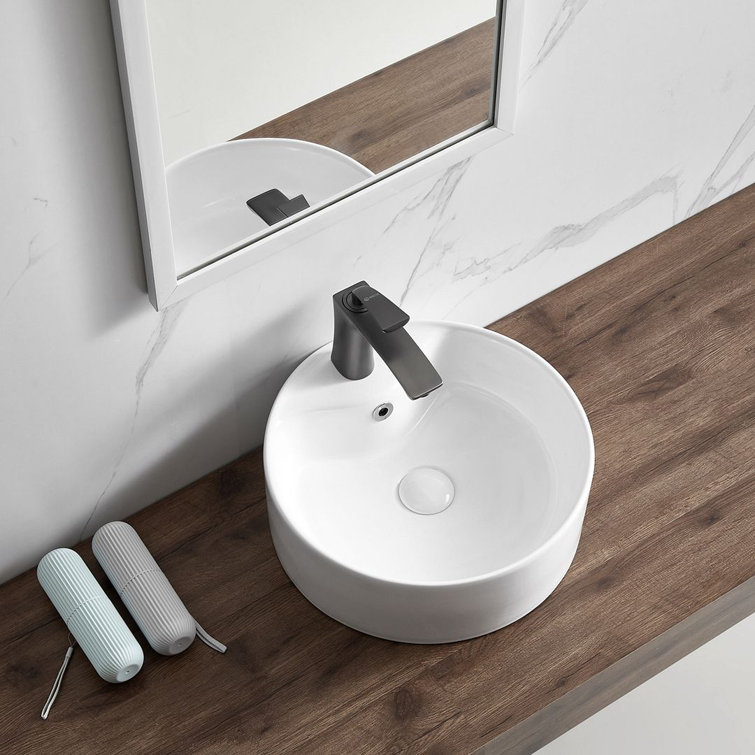 16" L x 16" W Vitreous China Circular Vessel Bathroom Sink with Overflow with Pop-Up Drain