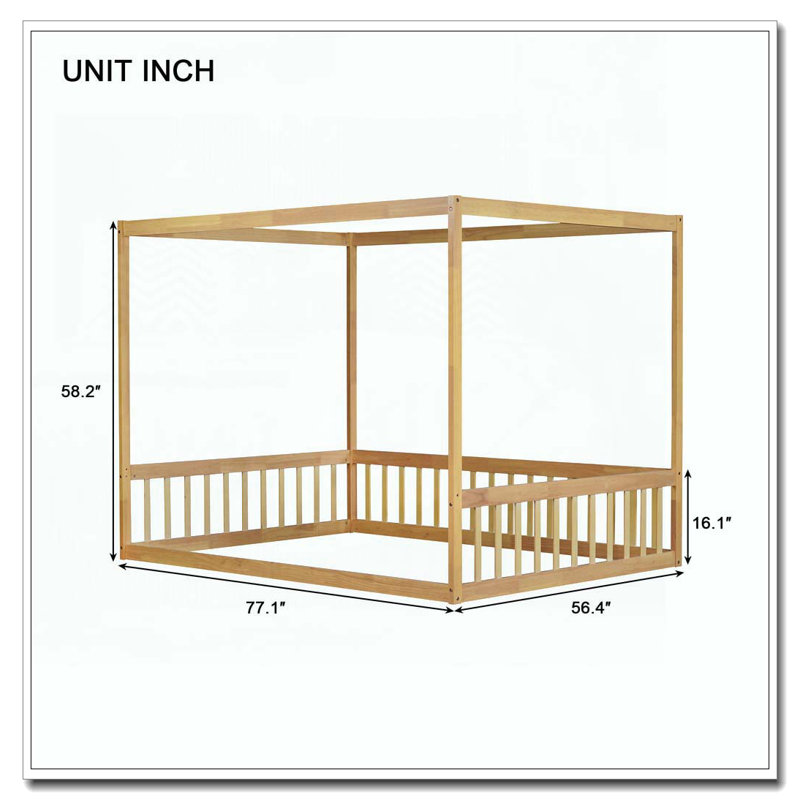 Lit en bois d'hévéa avec clôture Canopy, Naturel