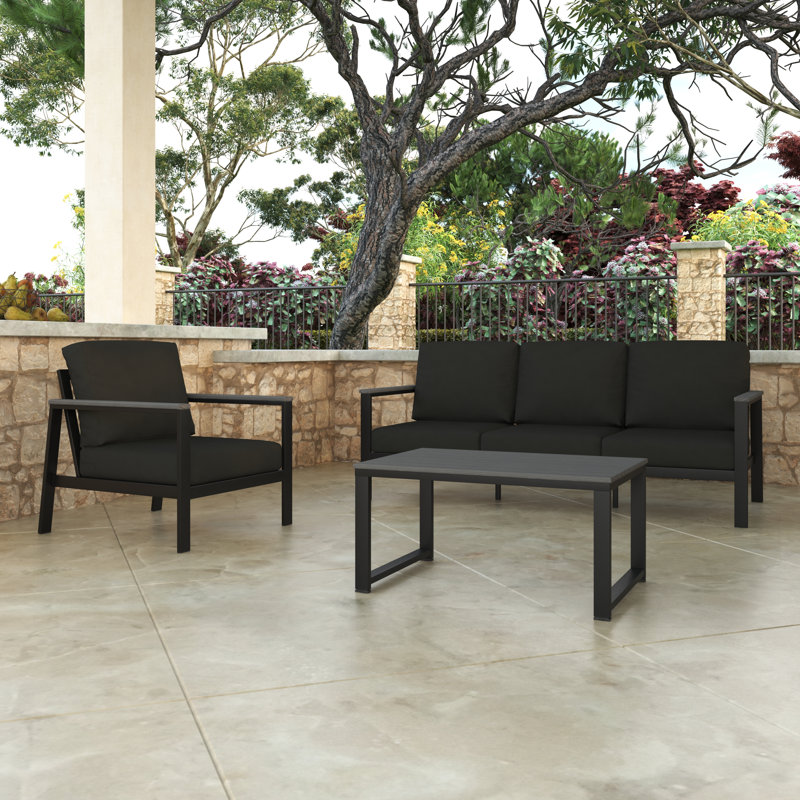 Townsend 3 Piece Sofa Seating Group with Sunbrella Cushions, Canvas Black Sunbrella® Canvas