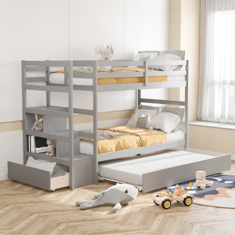 Edele Kids Twin Over Twin Bunk Bed, Gray