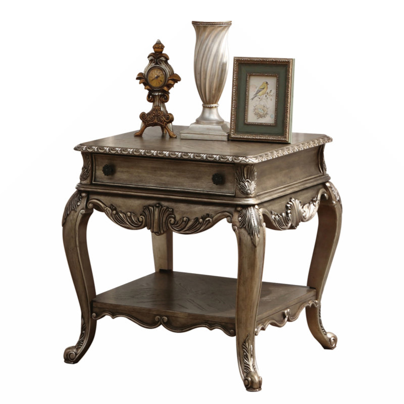 Vintage Oak Rectangular End Table with Ornate Carvings