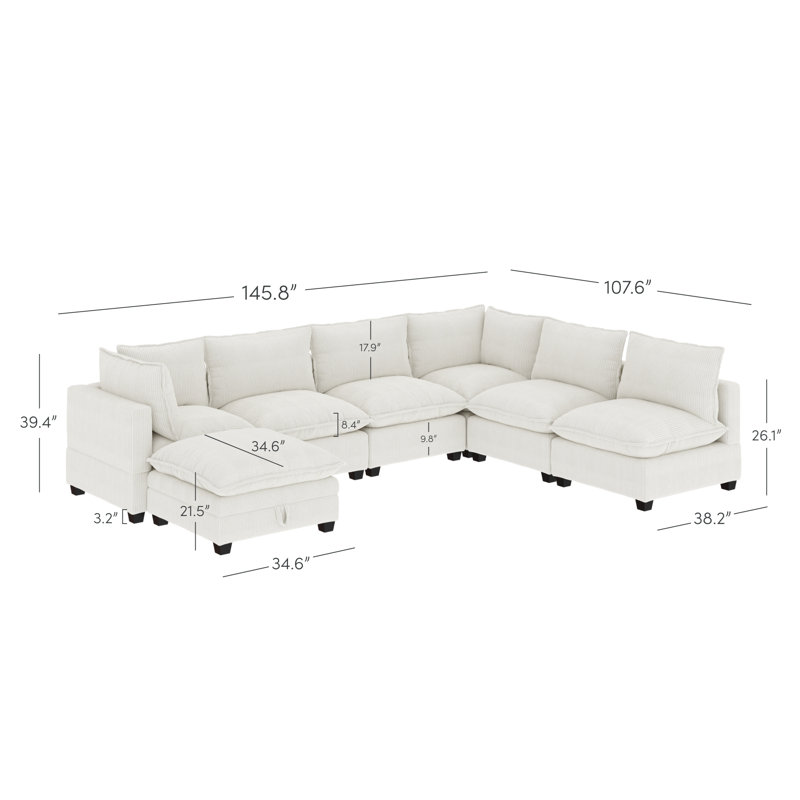Canapé modulaire sans accoudoirs avec repose-pieds Somerdale, Velours côtelé beige