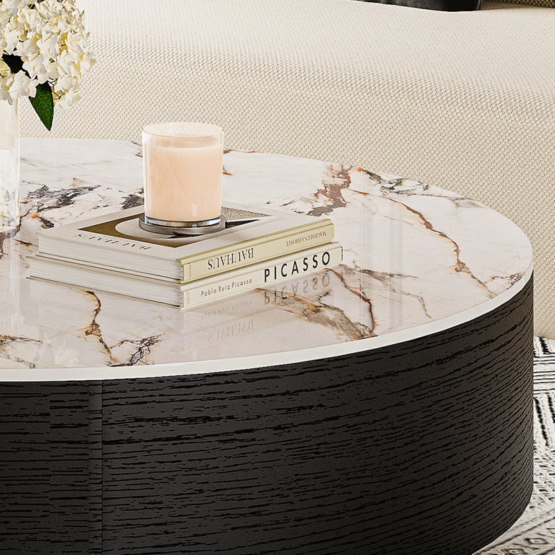 Daniel-Jack Drum Coffee Table, Sintered Stone Top, 2 Solid Wood Drawers, Fully-Assembled, Black