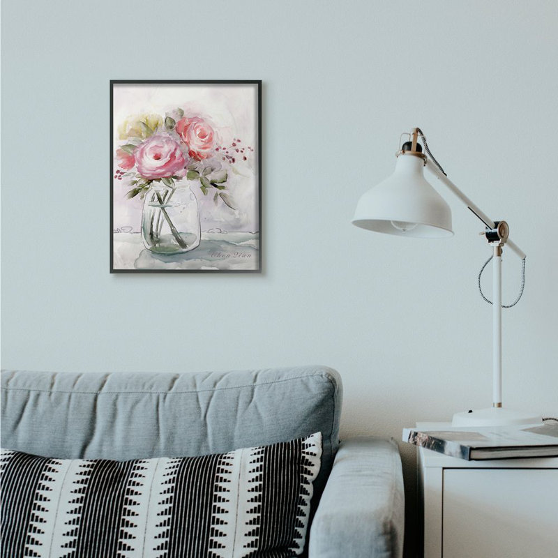 «Flower Jar Pink Green», reproduction d'art, H 16 po x l 20 po x P 1,5 po, Giclée encadrée noir minuit