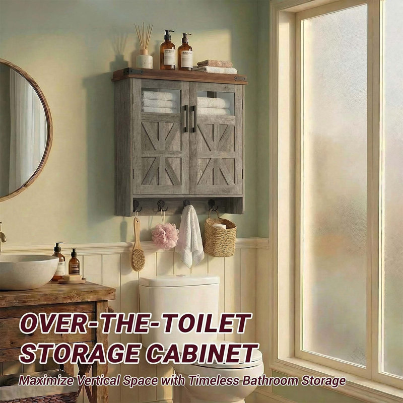 Armoire de rangement murale pour salle de bain avec tablettes réglables et crochets à serviettes, Gris