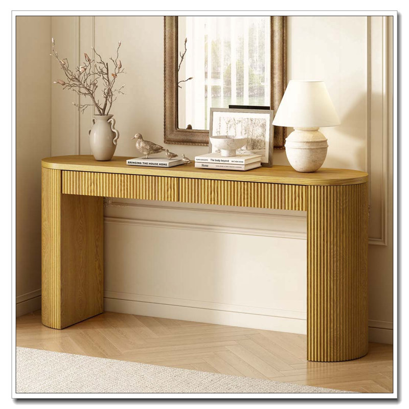 58.2" Entryway Table with Large Top and Dual Drawers,Console Table with Arched Sturdy Legs Stripe Design, Natural