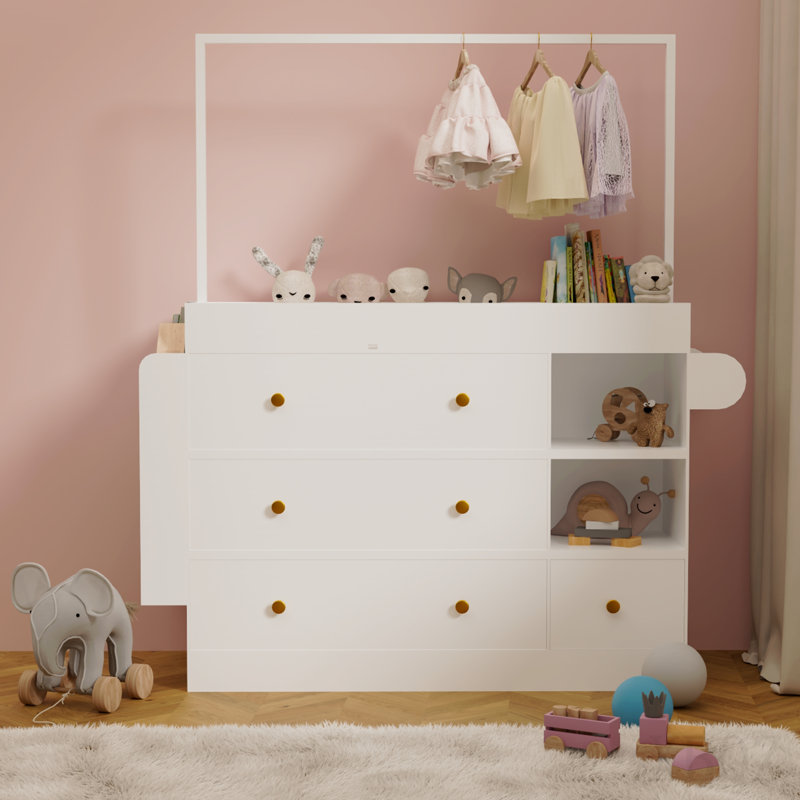 Commode de table moderne, coiffeuse avec 3 tiroirs très profonds et tablettes de rangement et crochets, table à langer multifonctionnelle avec séchoir à linge, blanc