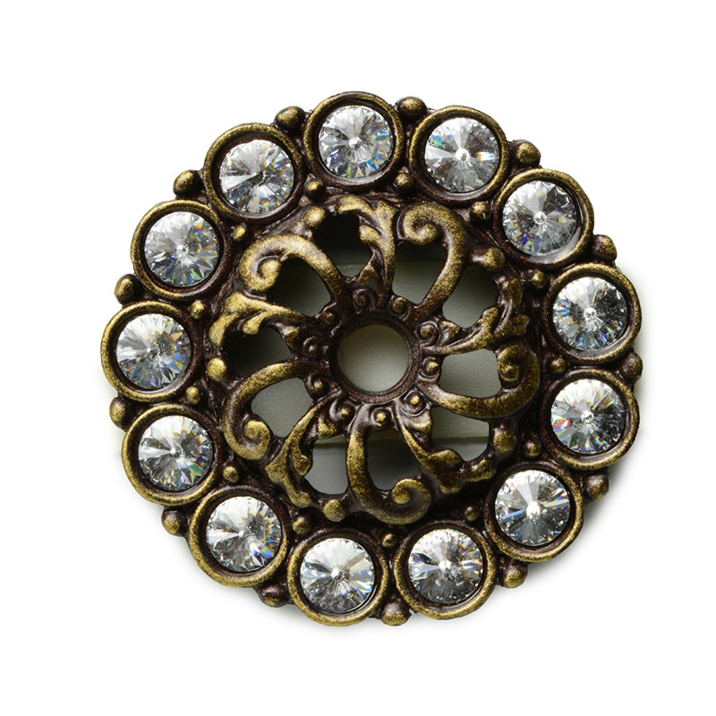 Écusson moyen en cachemire avec 13 rivaux cristaux Swarovski transparents en calice, Laiton antique