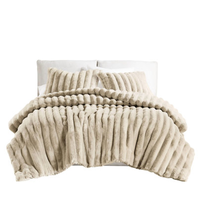 King Ultrasoft Faux Fur Ribbed Comforter With 2 Shams In Taupe, Fluffy Design, Fill For Warmth