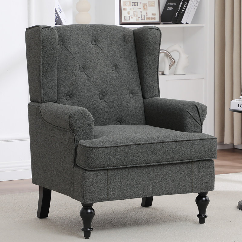 Upholsterd Wingback Armchair, Dark Gray Linen Blend