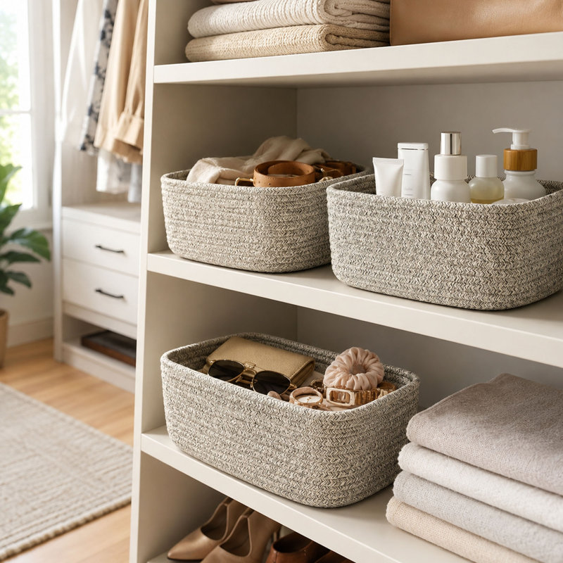 Set of 8 Small Woven Cotton Rope Storage Baskets