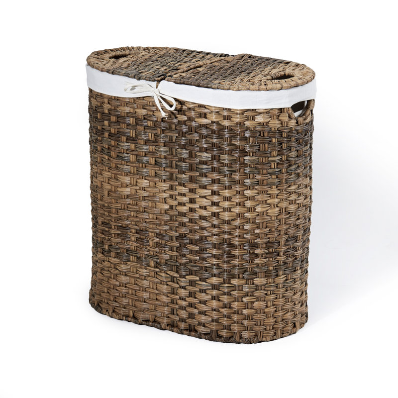 Handwoven Double Lidded Oval Hamper Sorter, Mocha Brown