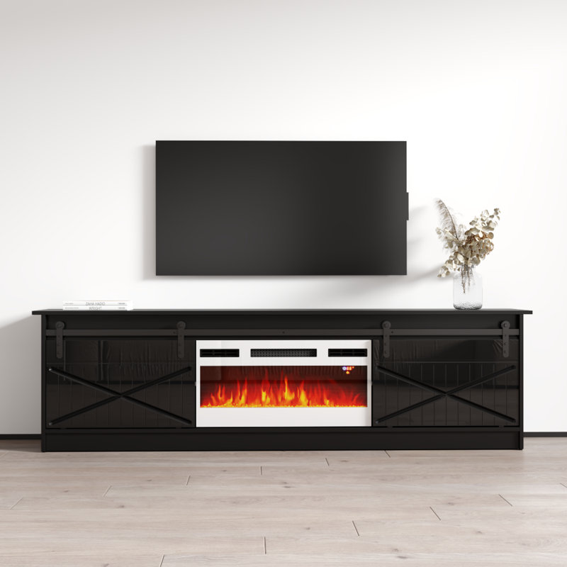Archie 78.7" Modern TV Stand with Electric Fireplace, High Gloss Finish, Media Storage, Black/White