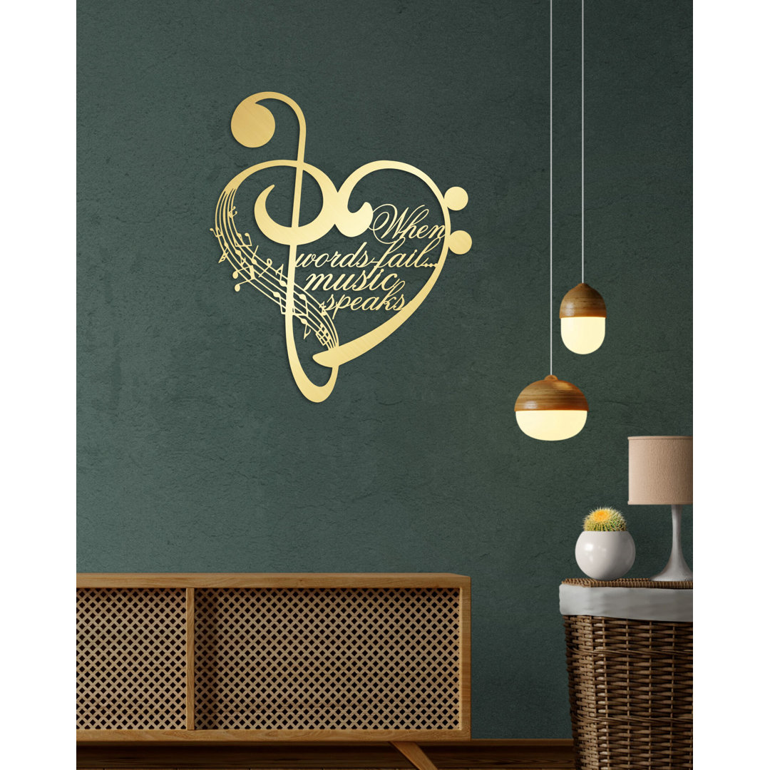 Metal Notes and Heart Wall Art, When words fail music speaks, Metal Wall Decor for Musician Gift Bungalow Rose 